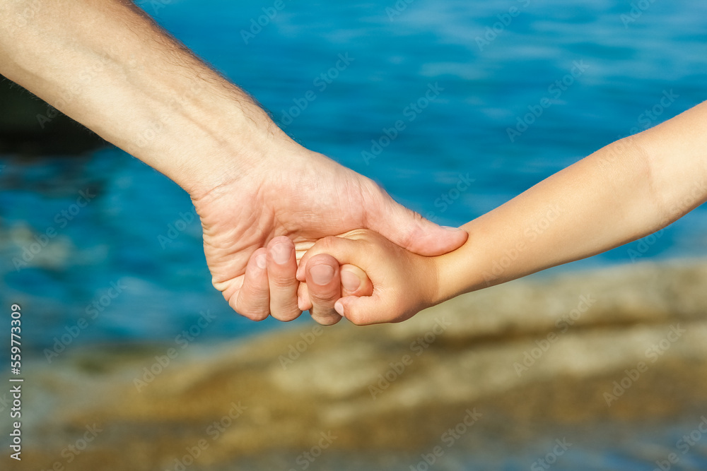 beautiful hands of parent and child by the sea