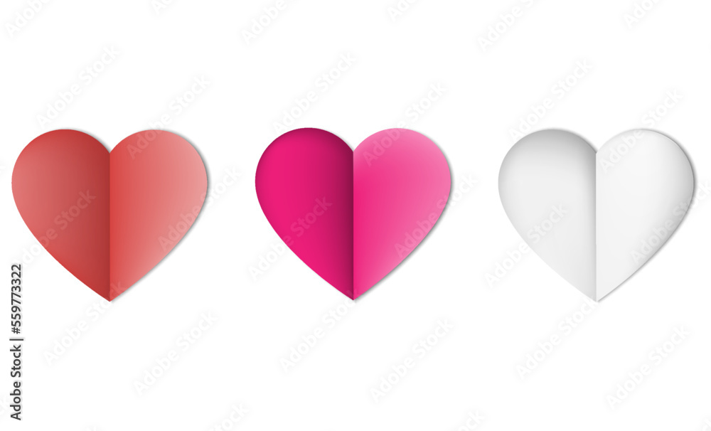 Vector red hearts collection. Set of four realistic hearts with shadows. Romantic Love symbol icon set, design element for Valentines day, birthday, wedding, invitation, greeting card.