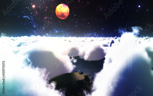 雲海の上に見える宇宙と雲海の下の世界