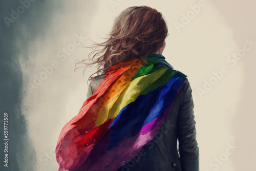 Woman from the back with rainbow flag.