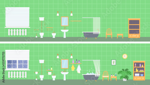 Panoramic bathroom interior with retro clawfoot tub, sink, toilet and bidet and accessories. On green background. Home interior concept. Cartoon flat style. Vector illustration