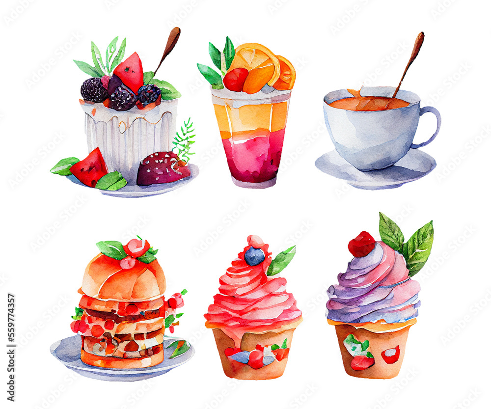 Set of bakery with sweets watercolor painting on transparent background, PNG file. Generative AI Set of bakery with sweets watercolor painting on transparent background, PNG file. Generative AI