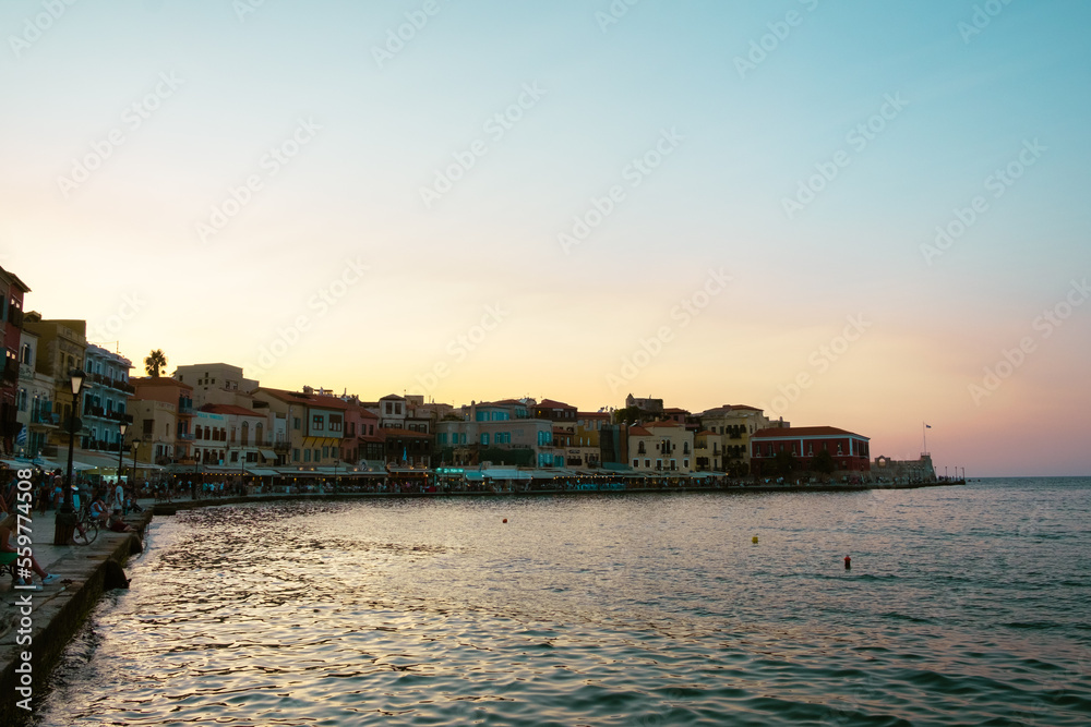 Sunset on the harbor of Chania in Crete, Greece, 