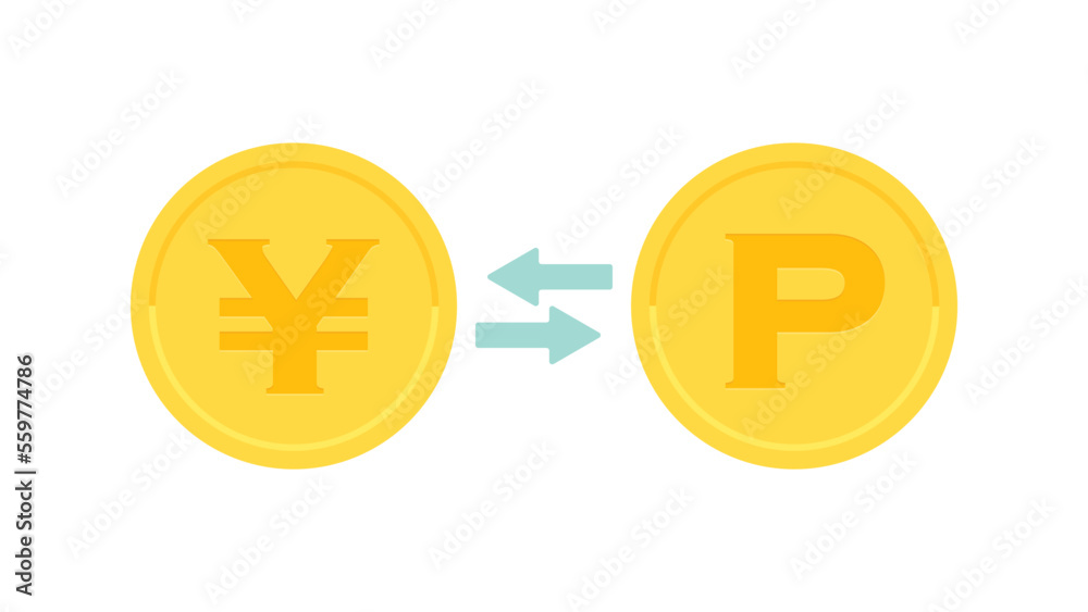 双方向の矢印と円とポイントの記号･¥とPが入ったお金とコイン - ポイ活･換金･還元のイメージ
 - obrazy, fototapety, plakaty 