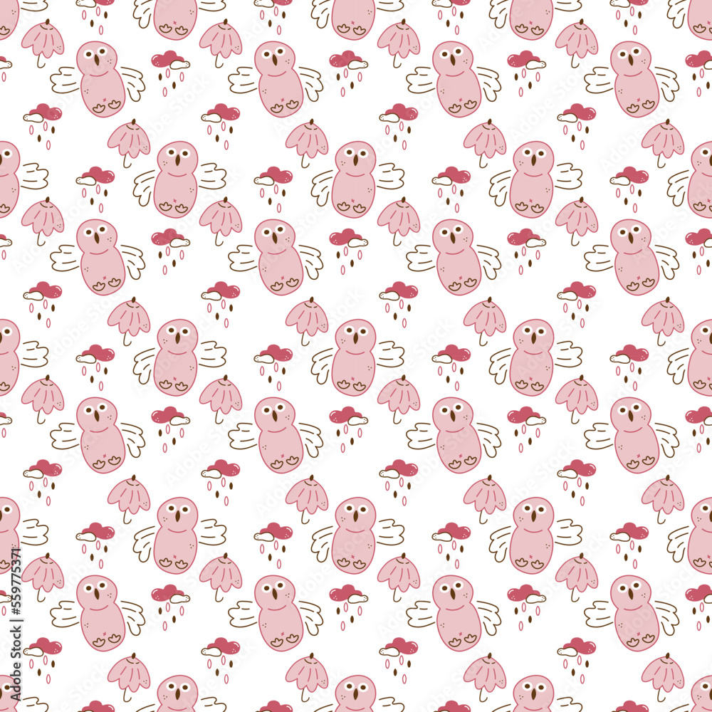 Owl pattern1. Seamless pattern with cute owl character, cloud and umbrella. Cartoon color vector illustration. Owl pattern1. Seamless pattern with cute owl character, cloud and umbrella. Cartoon color vector illustration.