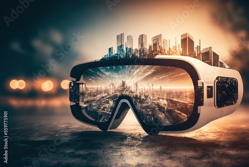 illustration of VR virtual reality  headset with cyber cityscape in the glass reflection photo