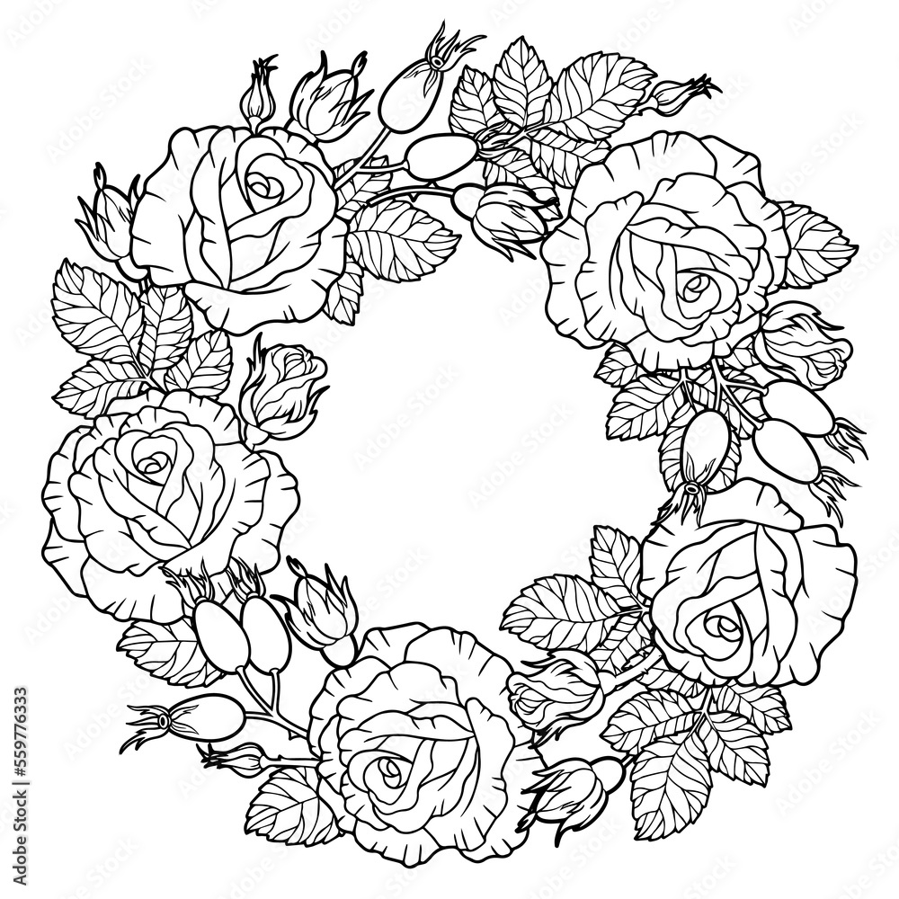 A wreath of rose flowers, berries, intertwined branches and leaves. Vector coloring book for adults