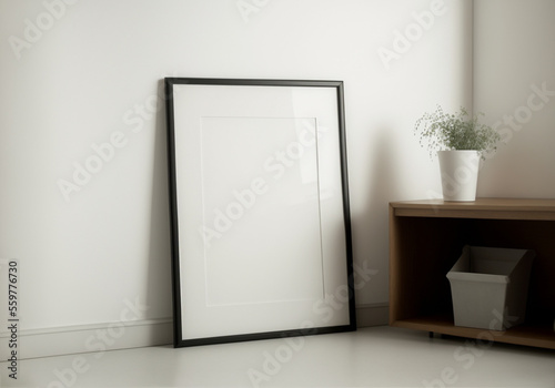 Black rectangle frame mockup with passepartout stay on floor modern minimalistic domestic room home interior. AI Generated