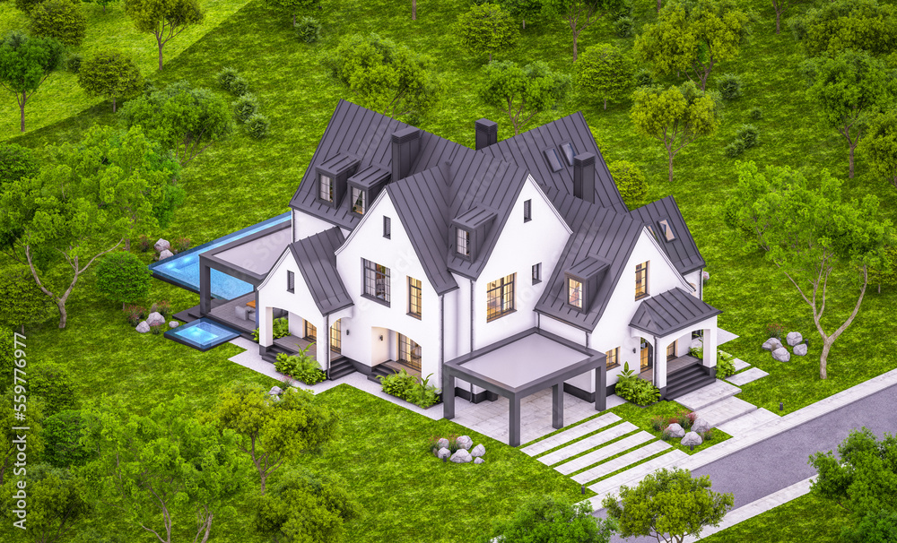 3d rendering of cute cozy white and black modern Tudor style house with parking  and pool for sale or rent with beautiful landscaping. Fairy roofs. Clear summer evening with cozy light from window