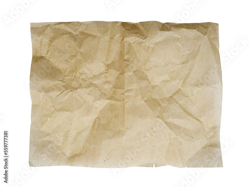 Square piece of crumpled folded parchment paper isolated on transparent background, PNG photo