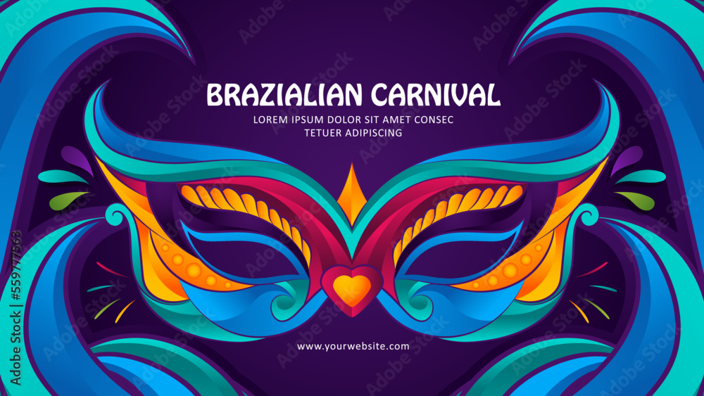Rio Brazilian carnival party banner, colorful mask and feather illustration with blue and purple background  