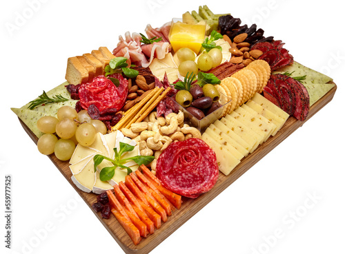 Appetizers table with different antipasti, charcuterie, snacks and cheese. Buffet party. Wooden cutting board isolated on a transparent background