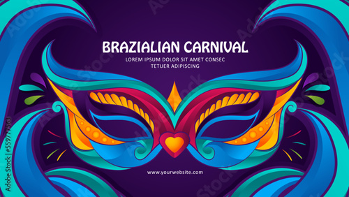 Rio Brazilian carnival party banner, colorful mask and feather illustration with blue and purple background  