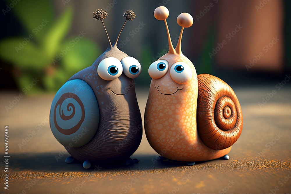 Cute snail couple, two weird snail characters, generative ai
