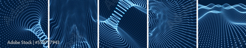 Abstract background with dynamic particles. Tunnel. 3D glowing grid surface. Water waves. Trendy design in technology style. Vector illustration for banner, flyer, poster, cover or brochure.