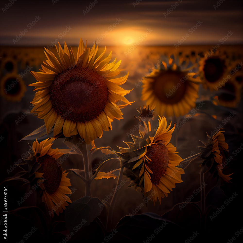 Sunflower field in rainy day, created with Generative AI technology.
