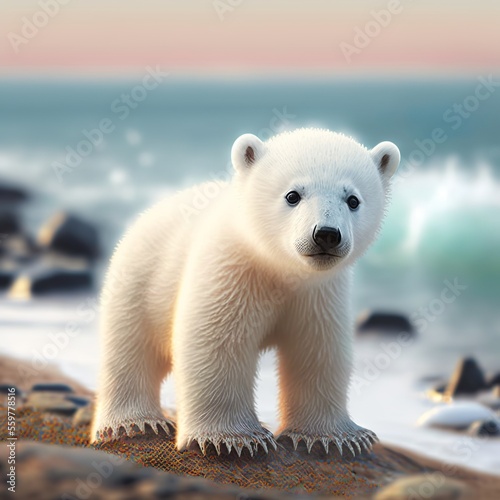 cute little polar bear on ice north corner mammal rocks stone frozen white black nose and eyes wildanimal cold thick coat so with waves in the background sea portrait  © Gerg
