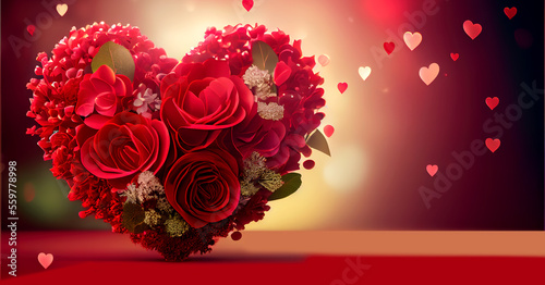 Red flowers in heart shape with romantic bokeh background. Illustration for Valentine s Day  weddings  engagement  birthday  Mother s Day. Ai generated image