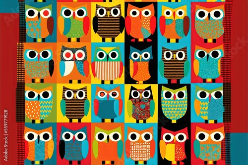 A repeating pattern of colourful owls