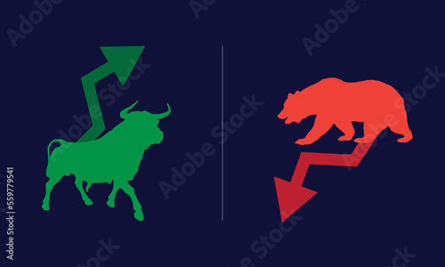 Bull or bullish run; Bear or bearish market trend in crypto currency or stocks. Trade exchange, green up or red down arrows graph. Stock market price chart. Global economy crash or boom. Vector