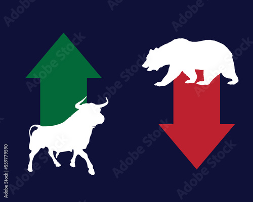 Bull or bullish run; Bear or bearish market trend in crypto currency or stocks. Trade exchange, green up or red down arrows graph. Cryptocurrency price chart. Global economy crash or boom. Vector 