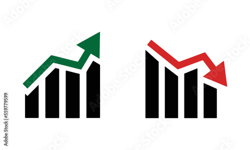Graph going Up and Down sign with green and red arrows vector. Flat design vector illustration concept of sales bar chart symbol icon with arrow moving down and sales bar chart with arrow moving up