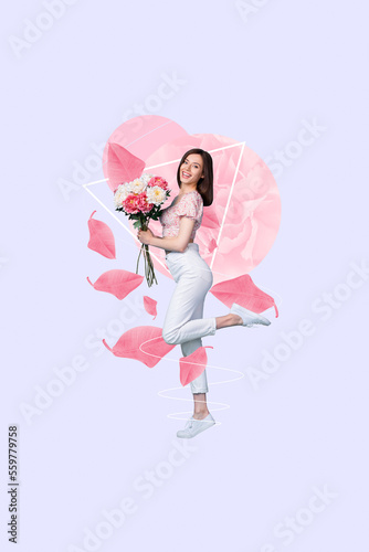 Photo minimal collage template artwork of young adorable lovely woman wear summer outfit hold fresh flowers isolated on painted background