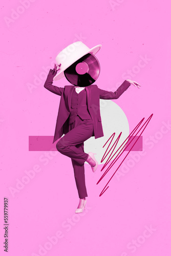 Vertical collage image of overjoyed carefree person dancing vinyl record instead head isolated on pink background