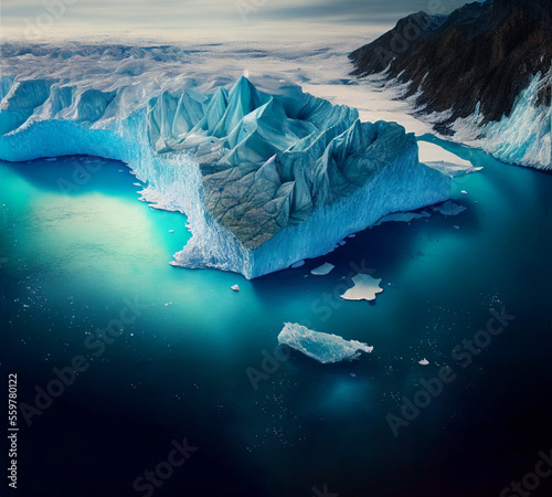 Iceberg in the ocean, aerial view. Ice melting, global warming concept. AI generative
