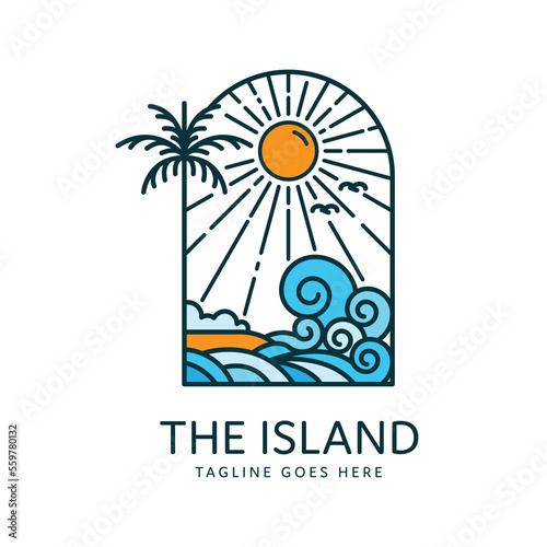 beach logo on tropical island with palm trees and ocean waves