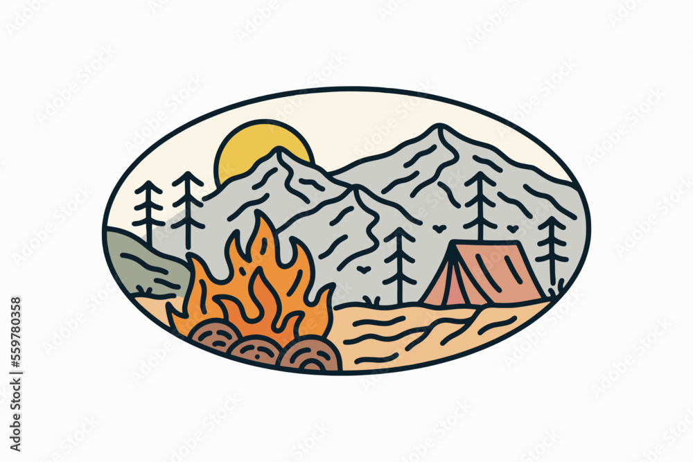 Nature camping bonfire mono line design for badge, sticker, patch, t shirt design, etc