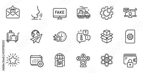 Outline set of Paper plane, Packing boxes and Fake news line icons for web application. Talk, information, delivery truck outline icon. Include Calendar, Seo gear, Star icons. Vector