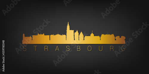 Strasbourg, France Gold Skyline City Silhouette Vector. Golden Design Luxury Style Icon Symbols. Travel and Tourism Famous Buildings.