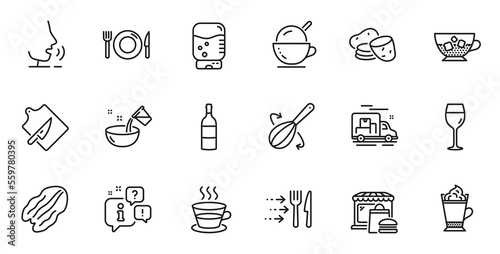 Outline set of Food market, Food delivery and Cooking whisk line icons for web application. Talk, information, delivery truck outline icon. Include Coffee cup, Water cooler, Ice cream icons. Vector