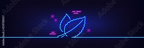 Neon light glow effect. Mint leaves line icon. Herbal leaf sign. Tea with Mentha symbol. 3d line neon glow icon. Brick wall banner. Mint leaves outline. Vector