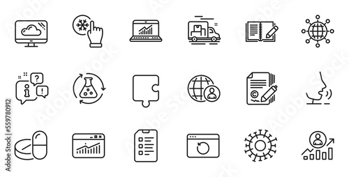 Outline set of Coronavirus, Copywriting and Medical drugs line icons for web application. Talk, information, delivery truck outline icon. Vector
