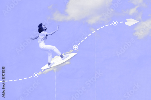 Collage photo of youngster girl flying surfing board air paper plane calculate trajectory extreme adrenaline isolated on painted heaven background photo