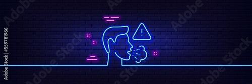 Neon light glow effect. Cough line icon. Coronavirus symptom sign. Flu, sneeze or pneumonie symbol. 3d line neon glow icon. Brick wall banner. Cough outline. Vector