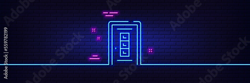 Neon light glow effect. Door line icon. Building entrance sign. Exit doorway symbol. 3d line neon glow icon. Brick wall banner. Door outline. Vector
