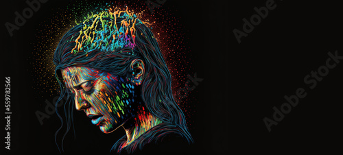 Pain: migraine and headaches overcoming, brain suffering, person isolated in her pain. Copy space. Fantasy illustration of headaches. Illustration, generated AI