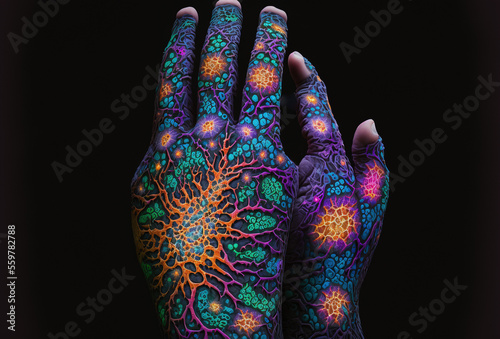 Psoriasis arthritis in a fictional illustration, fantasy hands and some fingers suffering from arthritis, copy space, text space, illustration, generative ai photo