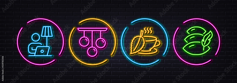 Floor lamp, Ceiling lamp and Mint tea minimal line icons. Neon laser 3d lights. Pillow icons. For web, application, printing. Electric light, Chandelier light, Mentha beverage. Sleep cushion. Vector