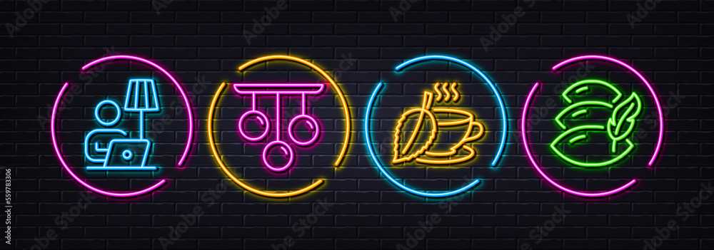Floor lamp, Ceiling lamp and Mint tea minimal line icons. Neon laser 3d lights. Pillow icons. For web, application, printing. Electric light, Chandelier light, Mentha beverage. Sleep cushion. Vector Floor lamp, Ceiling lamp and Mint tea minimal line icons. Neon laser 3d lights. Pillow icons. For web, application, printing. Electric light, Chandelier light, Mentha beverage. Sleep cushion. Vector