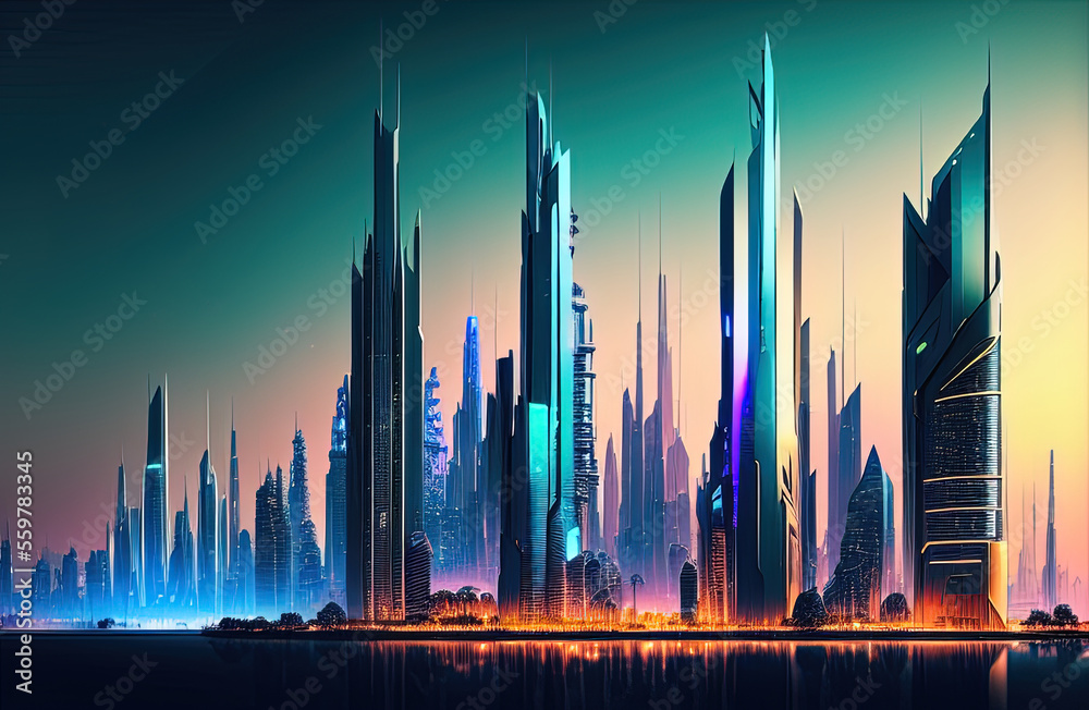 Future smart city landscape concept. Skyscrapers in abstract panoramic bright night futuristic metropolis. Generative AI