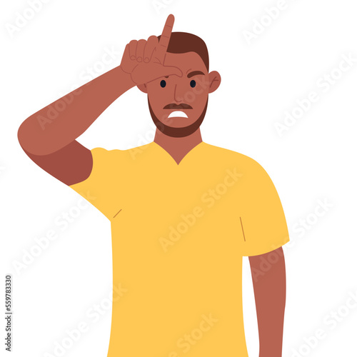 African american showing loser sign on forehead with fingers. Vector illustration.