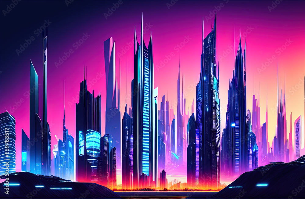Future smart city landscape concept. Skyscrapers in abstract panoramic bright night futuristic metropolis. Generative AI Future smart city landscape concept. Skyscrapers in abstract panoramic bright night futuristic metropolis. Generative AI