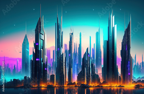 Future smart city landscape concept. Skyscrapers in abstract panoramic bright night futuristic metropolis. Generative AI