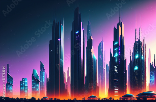 Future smart city landscape concept. Skyscrapers in abstract panoramic bright night futuristic metropolis. Generative AI