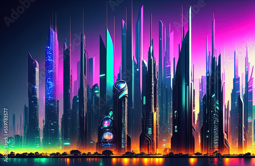 Future smart city landscape concept. Skyscrapers in abstract panoramic bright night futuristic metropolis. Generative AI © lndstock