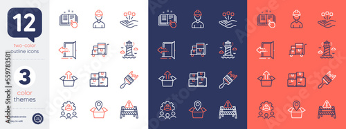 Set of Consolidation, Engineering team and Foreman line icons. Include Entrance, Package location, Send box icons. Inventory cart, Warning road, Wholesale inventory web elements. Brush. Vector